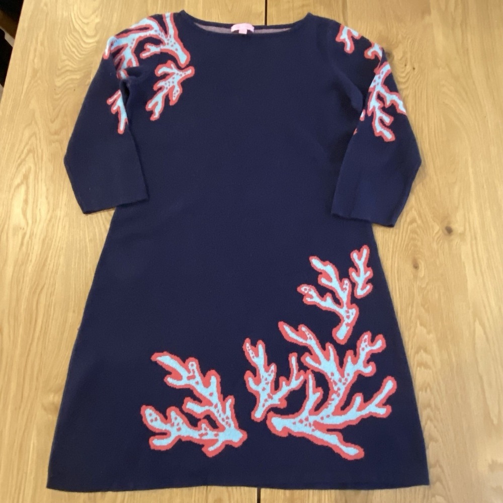 Lilly Pulitzer Polly Sweater Dress Womens Large Blue Pink Coral 3/4 Sleeve